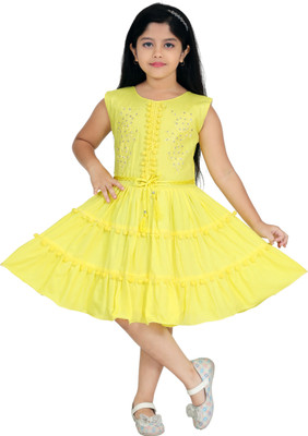 HouseOfCommon Girls Midi/Knee Length Casual Dress(Yellow, Sleeveless)