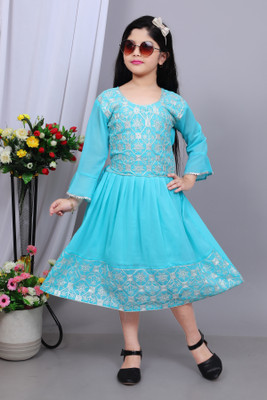 StarKidsFashion Girls Calf Length Festive/Wedding Dress(Light Blue, Full Sleeve)
