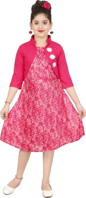 KidsCute Girls Midi/Knee Length Casual Dress(Pink, 3/4 Sleeve)