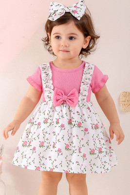 Miss & Chief Baby Girls Below Knee Party Dress(Pink, White, Short Sleeve)