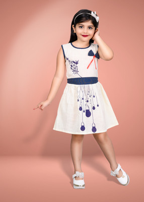 A M.LIBASH Girls Midi/Knee Length Casual Dress(White, Sleeveless)