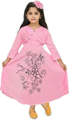 CHANDRIKA LIFESTYLE Girls Calf Length Party Dress(Pink, 3/4 Sleeve)