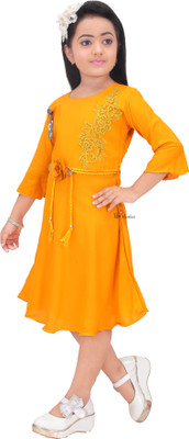 Samshil Fashion Girls Midi/Knee Length Casual Dress(Yellow, 3/4 Sleeve)
