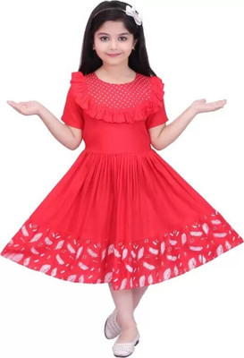 GAFFAR STORES Girls Midi/Knee Length Party Dress(Red, Cap Sleeve)