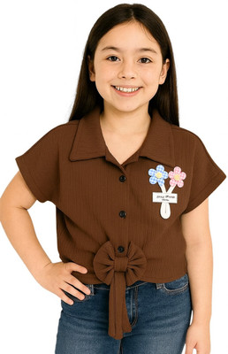 GRX Girls Casual Cotton Blend Shirt Style Top(Brown, Pack of 1)