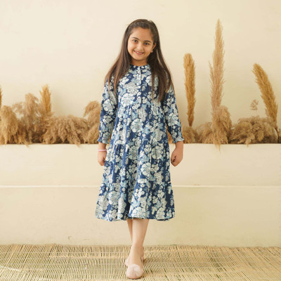 Style Connect Collection Girls Midi/Knee Length Party Dress(Blue, 3/4 Sleeve)