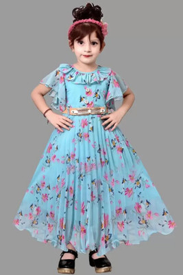Prenacollection Girls Maxi/Full Length Party Dress(Light Blue, Short Sleeve)
