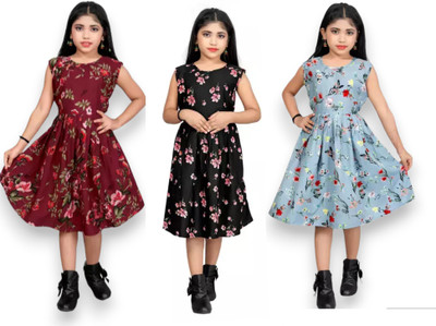 LUCY Girls Short/Mid Thigh Casual Dress(Multicolor, Sleeveless)
