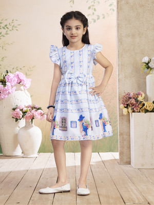 HERE&NOW Indi Girls Midi/Knee Length Casual Dress(Light Blue, Sleeveless)