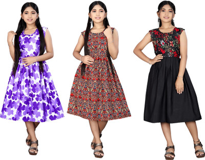 LUCY Girls Below Knee Casual Dress(Multicolor, Sleeveless)