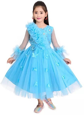 SK SHOPPING HOUSE Baby Girls Calf Length Party Dress(Blue, 3/4 Sleeve)