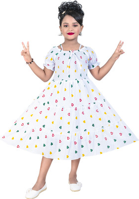 SHREESHYAMDARBAR Indi Girls Midi/Knee Length Festive/Wedding Dress(White, Short Sleeve)