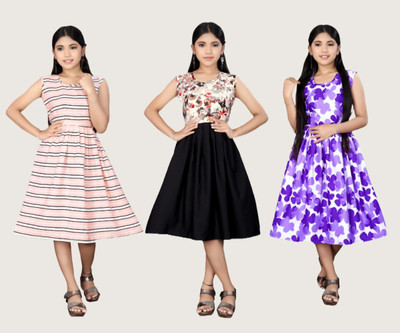 LUCY Girls Midi/Knee Length Casual Dress(Multicolor, Sleeveless)