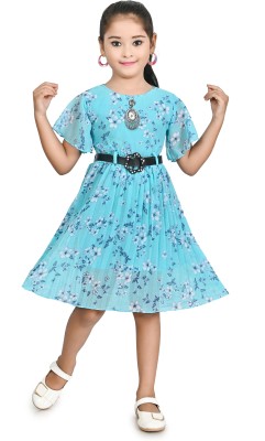 CHANDRIKA LIFESTYLE Girls Midi/Knee Length Party Dress(Blue, Half Sleeve)