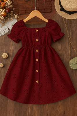 MENSBIT Girls Midi/Knee Length Casual Dress(Maroon, Half Sleeve)