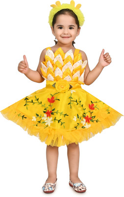 MAHEVEEN Girls Midi/Knee Length Festive/Wedding Dress(Yellow, Sleeveless)