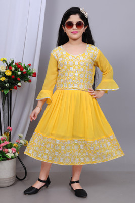StarKidsFashion Girls Midi/Knee Length Festive/Wedding Dress(Yellow, Full Sleeve)