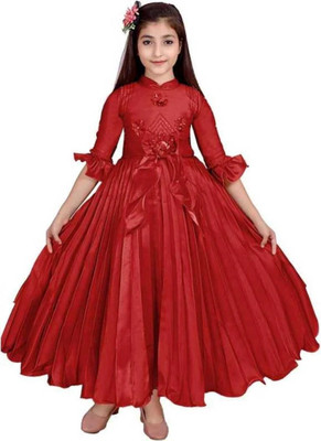 AYUB TRENDING Girls Maxi/Full Length Party Dress(Red, 3/4 Sleeve)