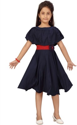 MUHURATAM Indi Girls Midi/Knee Length Party Dress(Dark Blue, Sleeveless)