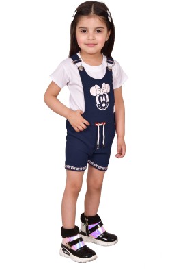 MYKUKI Dungaree For Girls Casual Printed Cotton Blend(Dark Blue, Pack of 1)