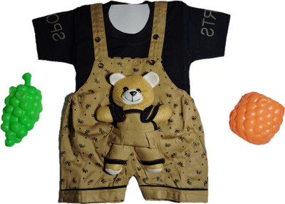 SHREEVASA Dungaree For Baby Boys & Baby Girls Casual Printed Cotton Blend(Brown, Pack of 1)