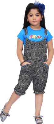 j s fashion Dungaree For Girls Casual Printed Cotton Blend(Blue, Pack of 1)