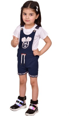 MYKUKI Dungaree For Baby Girls Casual Printed Cotton Blend(Dark Blue, Pack of 1)