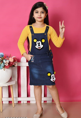 Star Case Dungaree For Girls Casual Printed Pure Cotton, Denim(Yellow, Pack of 1)