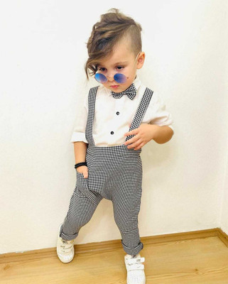 DEL LUNA Baby Boys Party(Festive) Dungaree Shirt, Bow Tie(GREY)