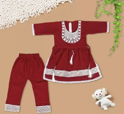 ROSE Baby Girls Festive & Party Kurta and Pyjama Set(Maroon Pack of 1)
