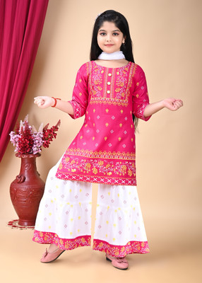 ROHIT DRESSES Girls Festive & Party Kurta, Pyjama & Dupatta Set(Pink Pack of 1)