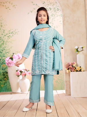 Tasrika Girls Festive & Party Kurta and Trouser Set(Light Green Pack of 1)
