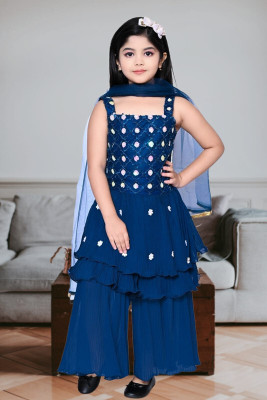 SUNCITY FASHION MART Baby Girls Festive & Party Kurta, Pyjama & Dupatta Set(Blue Pack of 1)