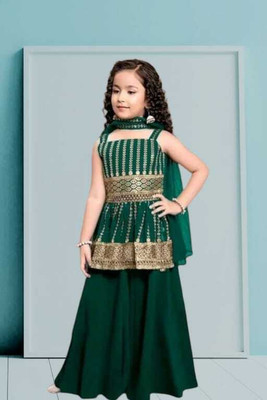 FMSE Girls Festive & Party Kurta and Palazzo Set(Dark Green Pack of 1)