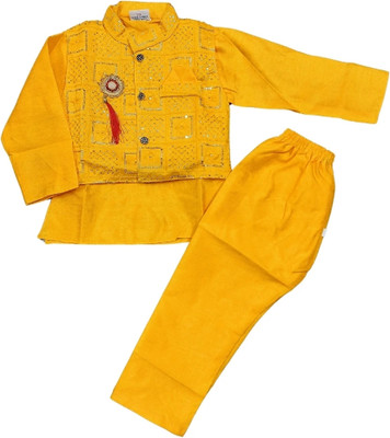 SHIVAAY Baby Boys Festive & Party Kurta, Waistcoat and Pyjama Set(Yellow Pack of 1)