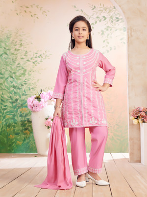 Yk Girls Festive & Party Kurta and Trouser Set(Pink Pack of 1)
