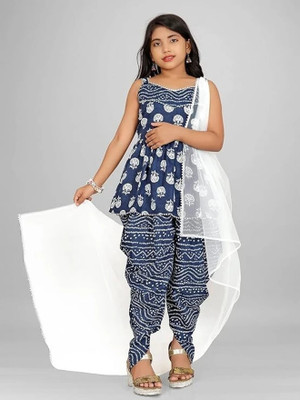 Suhanafashion Girls Festive & Party Kurta, Dhoti Pant & Dupatta Set(Blue Pack of 1)