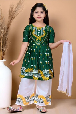 IFA FASHION Girls Festive & Party Kurta and Palazzo Set(Dark Green Pack of 1)