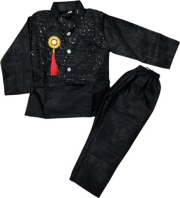 SHIVAAY Baby Boys Festive & Party Kurta, Waistcoat and Pyjama Set(Black Pack of 1)