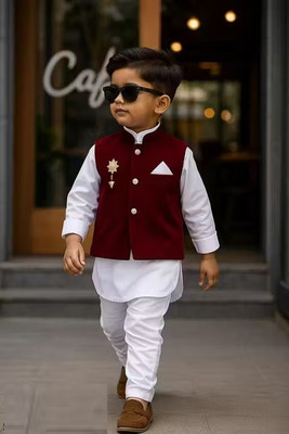 NDress Fashion Baby Boys Festive & Party Kurta, Waistcoat and Pyjama Set(Maroon Pack of 1)