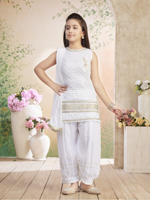 Tasrika Girls Festive & Party Kurta and Patiala Set(White Pack of 1)