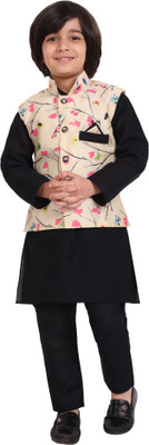 LABELZERO Boys Festive & Party Kurta, Waistcoat and Pyjama Set(Black Pack of 1)