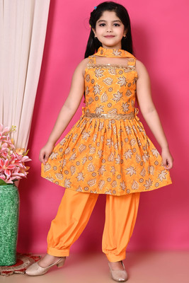 RIVA FASHION STORE Girls Festive & Party Kurta and Patiala Set(Orange Pack of 1)