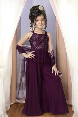 MJ TRENDS Girls Festive & Party Kurti, Legging and Dupatta Set(Purple Pack of 1)
