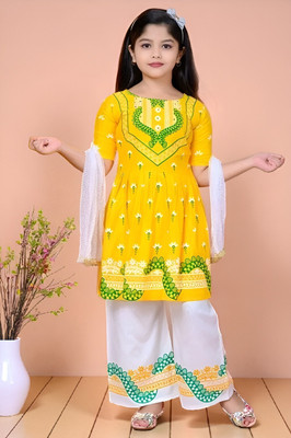 ITC FASHION Girls Festive & Party Kurta and Palazzo Set(Yellow Pack of 1)