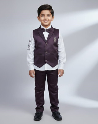 vayu collection Boys Festive & Party Shirt, Waistcoat and Pant Set(Purple Pack of 1)