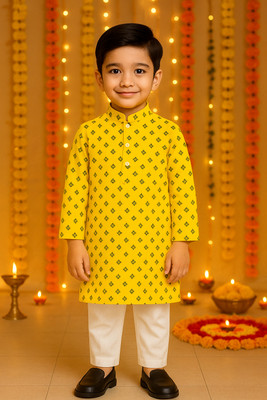 Fashion Garments Baby Boys Festive & Party Kurta and Pyjama Set(Yellow Pack of 1)