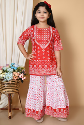 Alm Dresses Girls Casual Kurta and Palazzo Set(Red Pack of 1)
