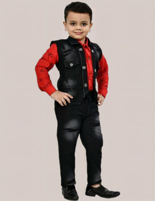 SMARTKIDSWEAR Boys Festive & Party Shirt, Waistcoat and Pant Set(Black Pack of 1)