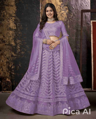 KESHAVI CREATION Girls Lehenga Choli Party Wear Embroidered Lehenga, Choli and Dupatta Set(Purple, Pack of 1)